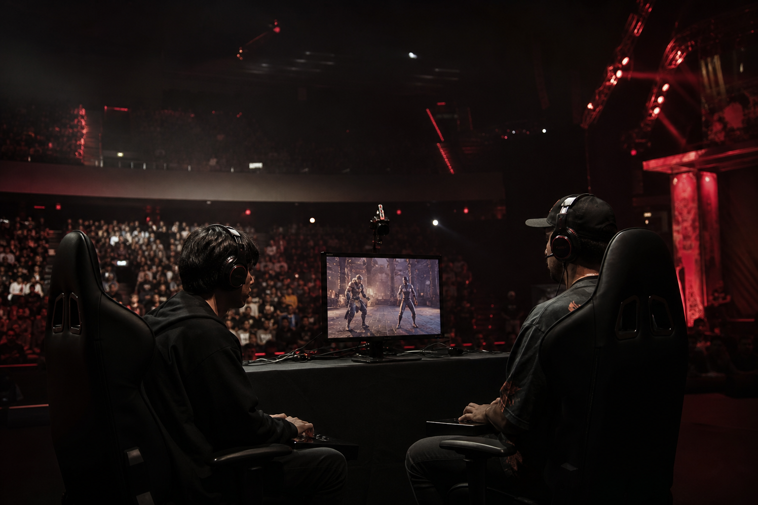 Tournament arena with red stage lighting and crowd silhouettes